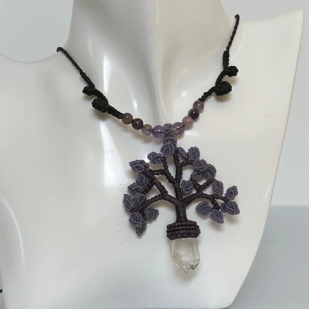 Jade white amethyst Purple art made Tree of Life Necklace made in france